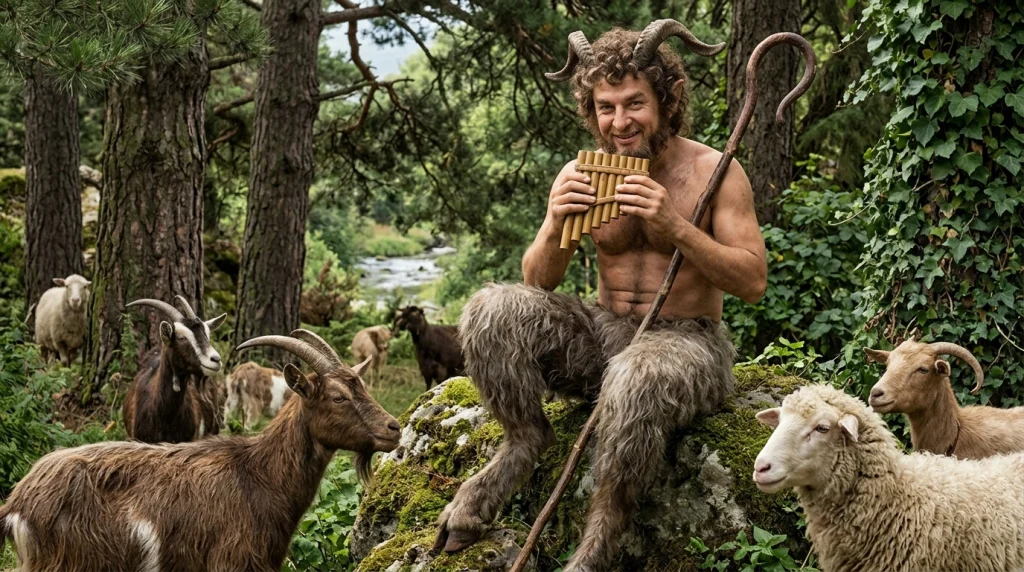 Pan is a god from Greek mythology. In the image, he is surrounded by animals.