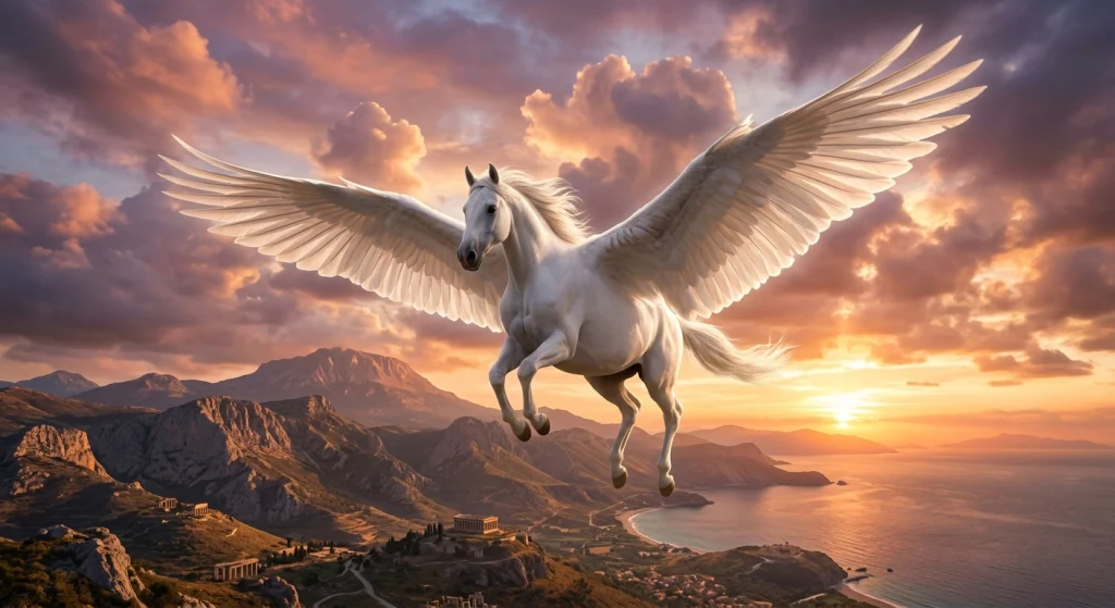 Pegasus is a hybrid of animals. It's a horse with the wings of some kind of bird. It's possibly one of the best-known creatures in Greek mythology.