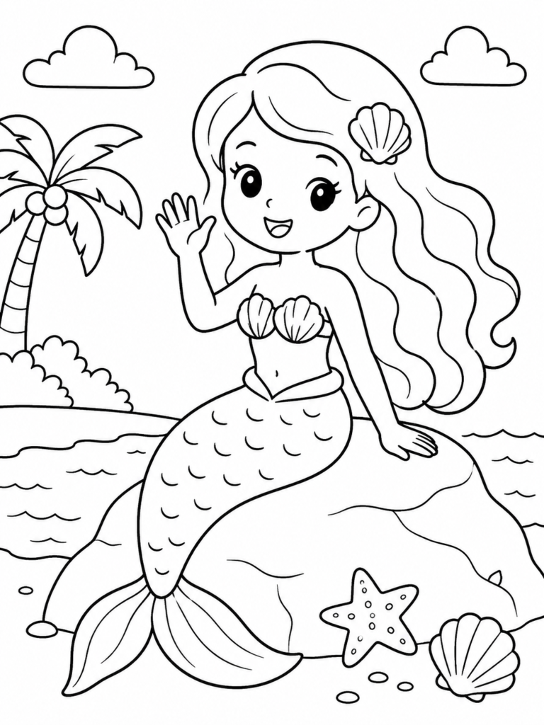 Free printable mermaid coloring pages featuring the ocean in the background and a tree to the side.