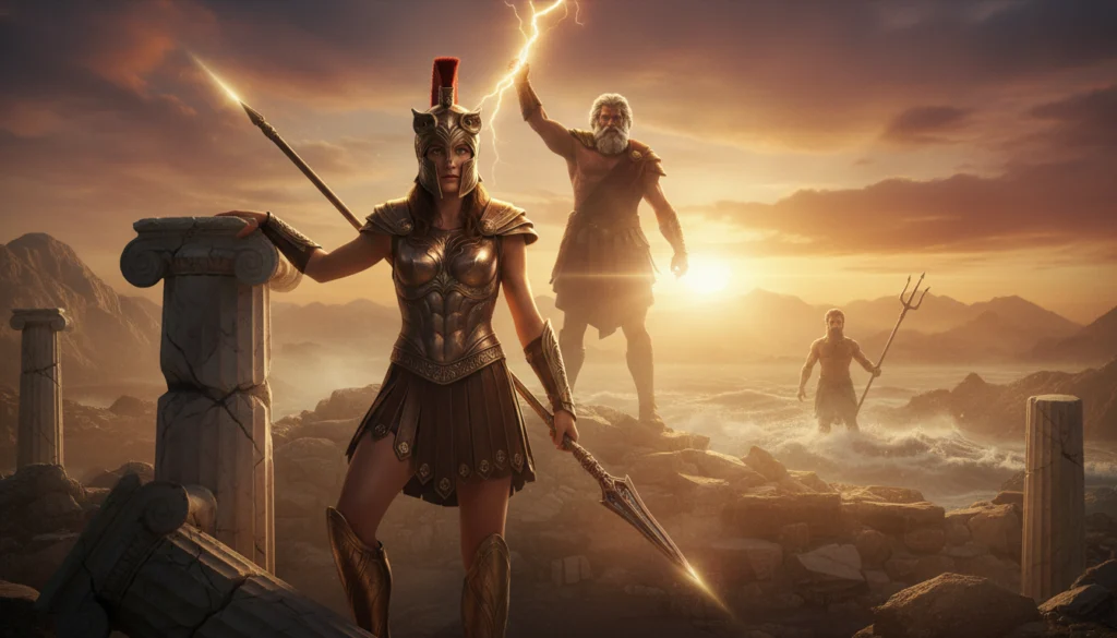 Imagem para retratar filmes sobre mitologia grega, retratando zeus, poseidon e possivelmente, Atena, a deusa da Guerra e estrategia