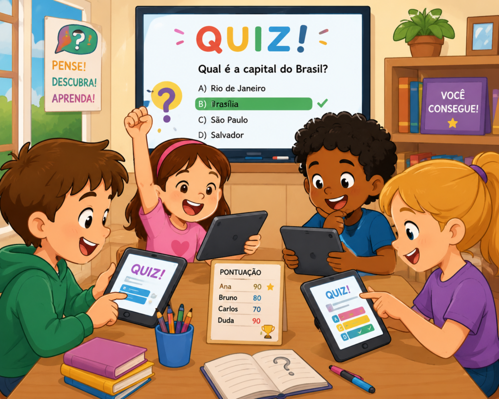 jovens brincanco com quiz com temas diversos educativos, em epecífico quiz de países