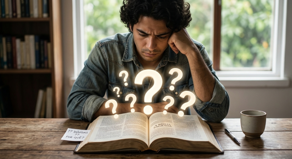 pessoa pensativa pensando no quiz bíblico e com interrogação simbolizando as dúvidas